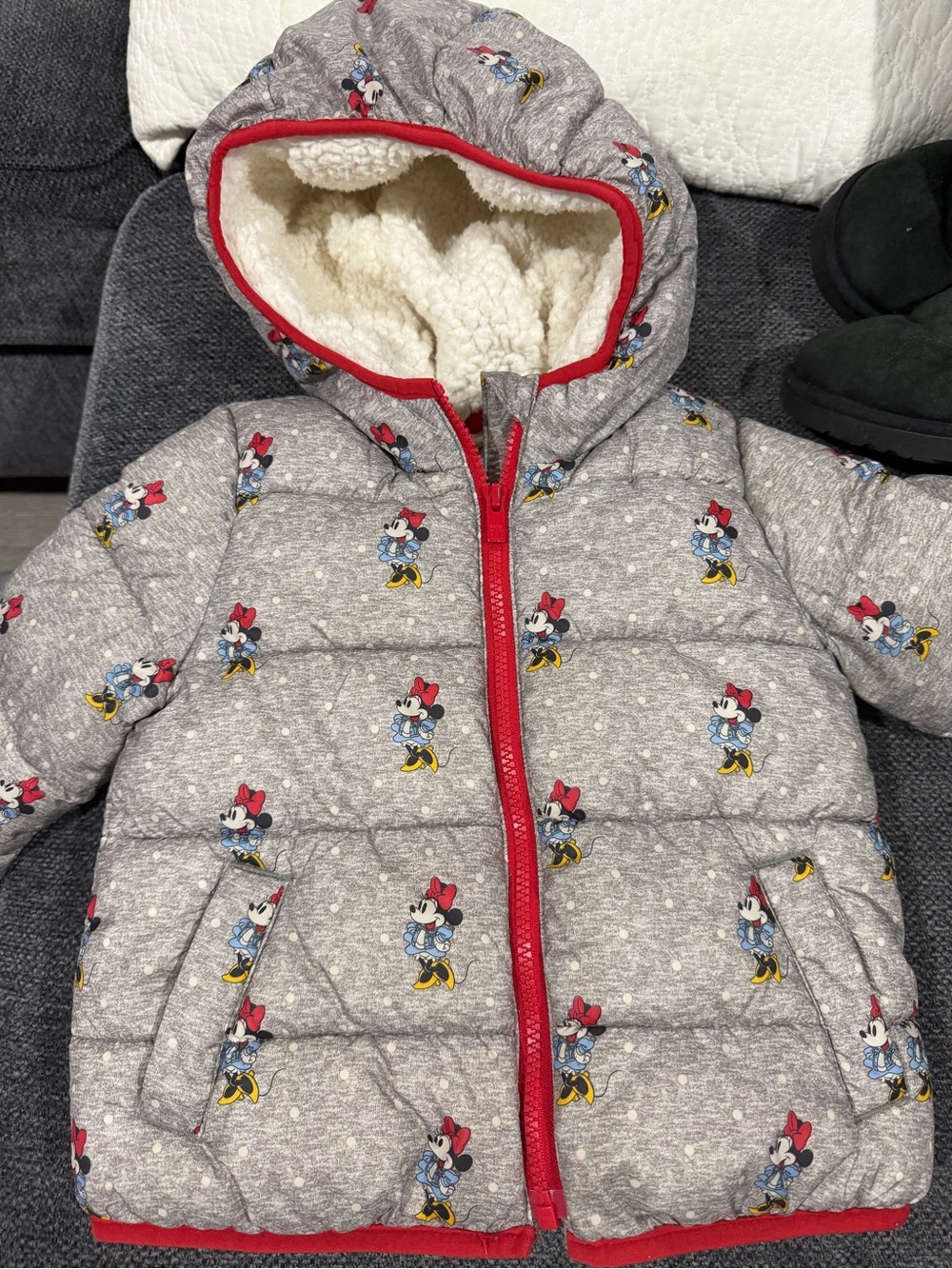 GAP Grey Minnie Mouse Puffer Jacket with Red Trim
